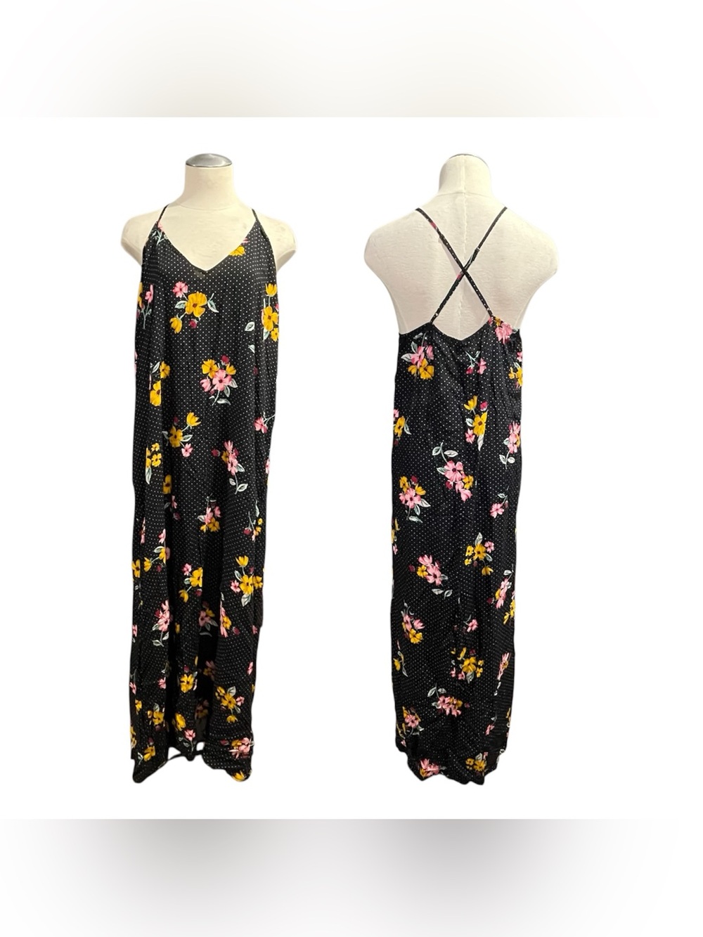 Old Navy V-Neck Maxi Shift Dress Black Polka Dots Flower Cottagecore XXL TALL